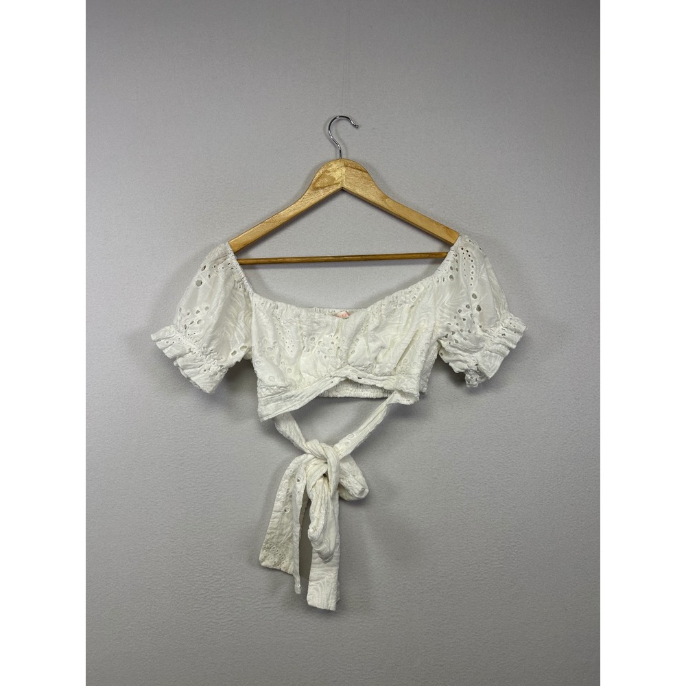 Cottagecore Boho Luxxel Women L White Eyelet Off Shoulder Tie Front Crop Top